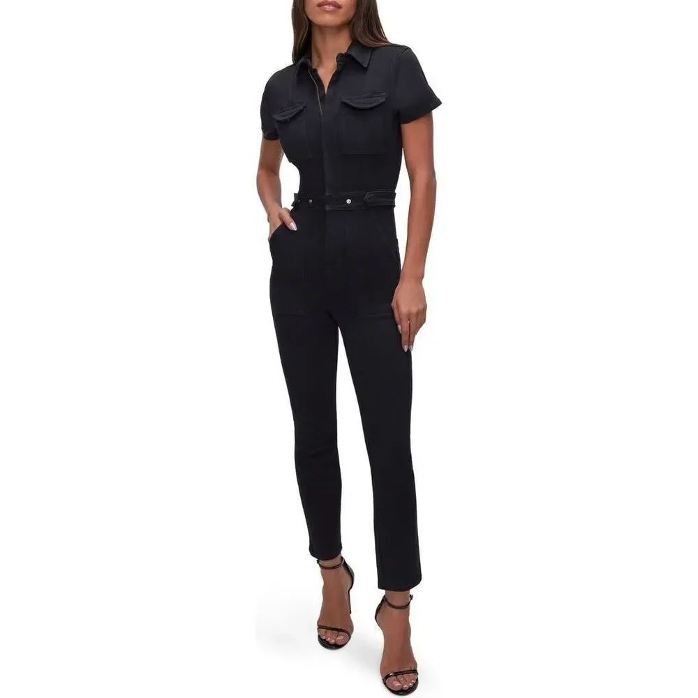 Good American Black Denim Jumpsuit NWT Zip Front Utility Short Sleeve Size 1/S N